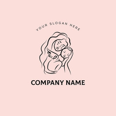 Minimalist silhouette of woman holding baby. Mother and child. Vector illustration.