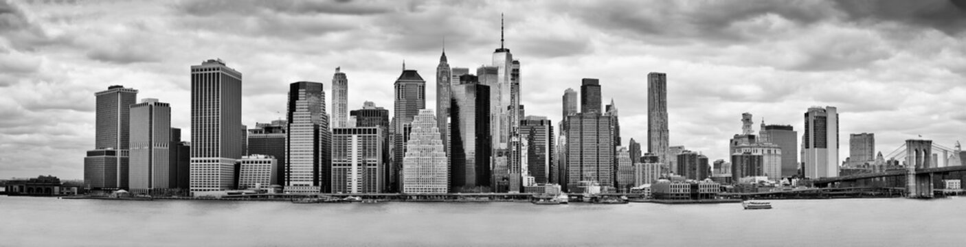 Fototapeta New York City downtown skyline panoramic black and white view