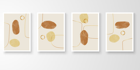 Set of wall art. Watercolor modern art drawing with abstract organic gold color shape composition. Various Curve isolated vector illustration.