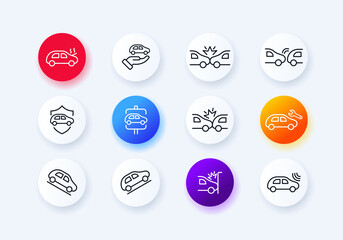Machine icons set. Driving training. Descent and ascent from the hill. Accident. Insurance. Sale of a car. Car service. Neomorphism style. Vector eps 10.