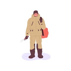 Obraz premium Fisherman in winter outfit ready for ice fishing in cold weather. Fisher man portrait. Angler in warm clothes stands with tools, equipment, bag. Flat vector illustration isolated on white background