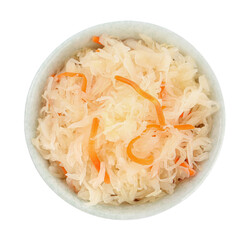 Bowl of tasty sauerkraut with carrot on white background, top view