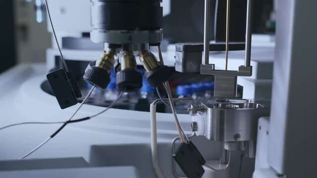 Close up auto sampler collects sample for HPLC analysis. Chromatographic separation of compounds. Metabolomic and Proteomic analysis