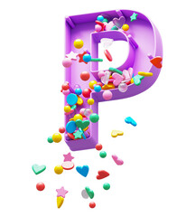 Falling down candy from a plastic box font. Letter P