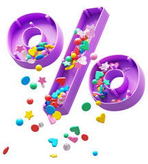 Falling down candy from a plastic box font. Percent symbol