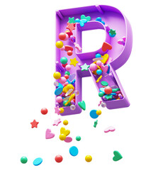 Falling down candy from a plastic box font. Letter R