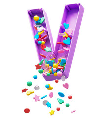Falling down candy from a plastic box font. Letter V
