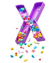 Falling down candy from a plastic box font. Letter X