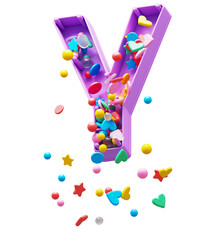Falling down candy from a plastic box font. Letter Y