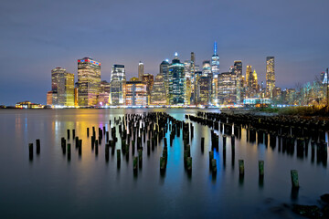 New York City downtown waterfront evening view, famous skyline