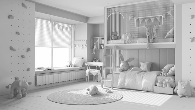 Total white project draft, modern children bedroom with bunk bed, parquet floor, big window with bench and blinds, desk, carpet with toys, beds with pillows and duvet. Interior design