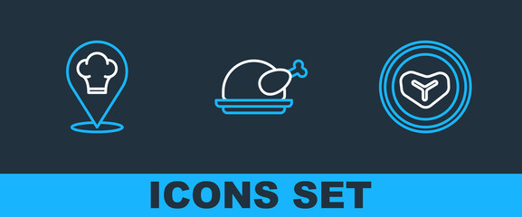 Set line Steak meat on a plate, Chef hat with location and Roasted turkey or chicken icon. Vector