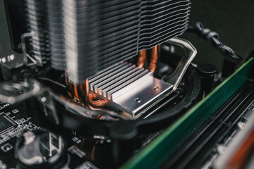 cooled heatsink on a desktop CPU covered with heatsink paste. Air Cooler CPU