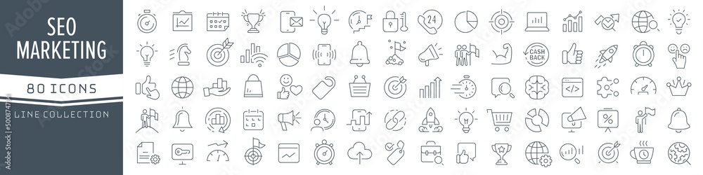 Poster seo and marketing line icons collection. big ui icon set in a flat design. thin outline icons pack. 