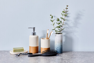 mage of personal toiletries for hygiene and beauty on ceramic table in bathroom