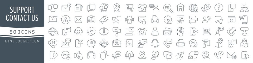 Contact us and support line icons collection. Big UI icon set in a flat design. Thin outline icons pack. Vector illustration EPS10