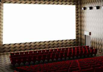 Blank white luminous cinema movie theatre screen with realistic red rows of seats and chairs with empty copy space background. Movie premiere and Entertainment concept. 3D illustration rendering