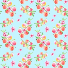 Watercolor seamless pattern with peach branches. Hand drawn watercolor.