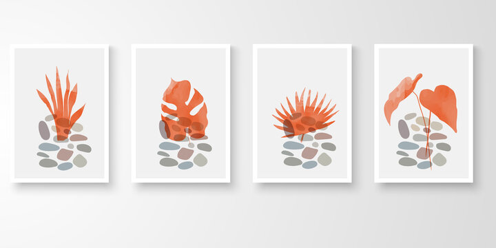 Set of wall art . Watercolor modern art drawing with abstract organic shape composition. Various plants, pot isolated vector illustration.