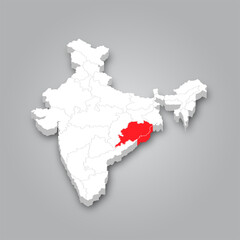 3D Map of India and the Location of the State of Odisha Marked in Red.
