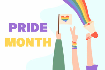 People hold megaphone and flags with lgbt rainbow and transgender flag during pride month celebration against violence, descrimination, human rights violation. Equality and self-affirmarmation.