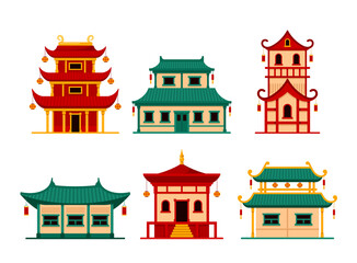 Traditional Asian Buildings Isolated Icons, Pagoda, Mausoleum, Temple with Lanterns. Travel Destination Landmarks