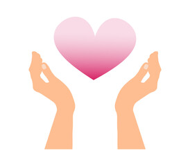 Hands hold heart symbol, flat cartoon graphic design, isolated on white background vector illustration. Love, peace and kindness concept.