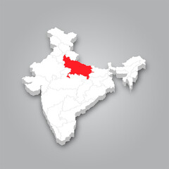 Political Map of India 3D Map of India and Map of Uttar Pradesh are Marked in Red.