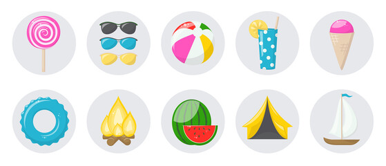 Icons of summer vacation, camp, and food. Vector cartoon set of watermelon, lollipop, ice cream, cocktail, tent, ball, bonfire, boat, sunglasses and inflatable ring isolated on white background