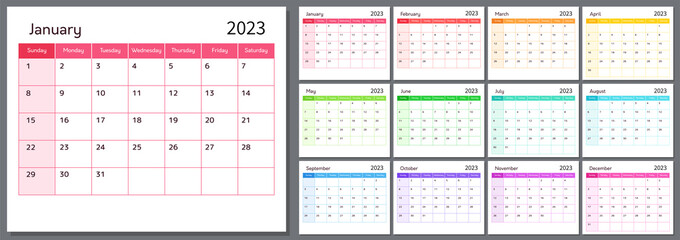 Calendar for 2023 year, week starts on sunday. Template planner for schedule, planning events and holidays. Vector rainbow colored organizer grid for each month - obrazy, fototapety, plakaty