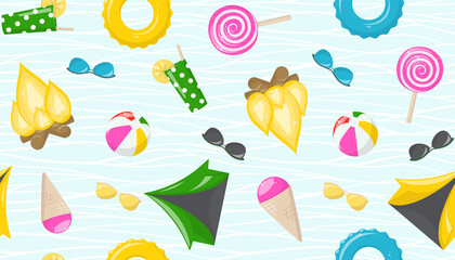 Summer seamless pattern with icons of food, vacation and camp. Vector cartoon texture with ice cream, lollipop, cocktail, tent, ball, bonfire, sunglasses and inflatable ring on wavy lines background