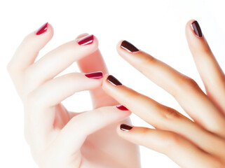 woman hands together manicured african tan and caucasian white isolated gesturing, lifestyle diverse people