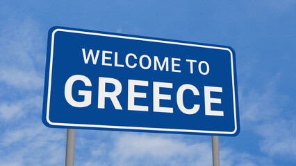 Obraz premium Welcome to Greece Road Sign on Clear Blue Sky