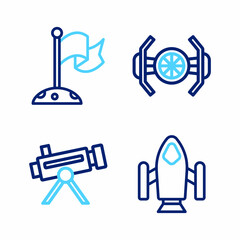 Set line Rocket ship, Telescope, Cosmic and Moon with flag icon. Vector