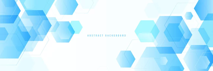Fotobehang Abstract blue geometric hexagon shapes on white background with space for your text. Futuristic technology and science concept. Modern geometric overlay hexagon wide banner design © MooJook