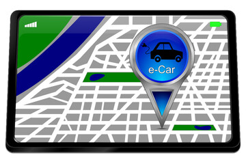 Tablet computer with e-Car Map Pointer - 3D illustration