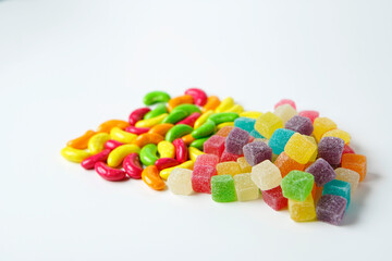 Colorful mix sugar and sweet jelly candy on white background                               