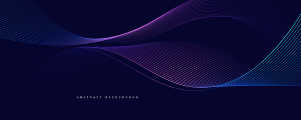 Dark abstract background with glowing wave. Shiny moving lines design element. Modern purple blue gradient flowing wave lines. Futuristic technology concept. Vector illustration - obrazy, fototapety, plakaty