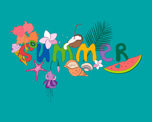Word surrounded by flowers and attributes of summer on blue-green background