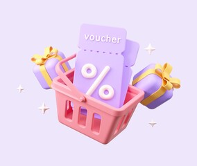 Shopping basket with sale coupons and gift boxes. 3d rendering illustration.