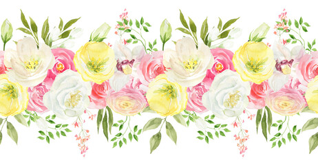 Seamless border with blush roses, spring flowers. Hand drawn watercolor images