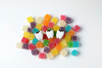 Unhealthy, decay and cavity tooth on colorful cubes sugar jelly on top view in white background                               