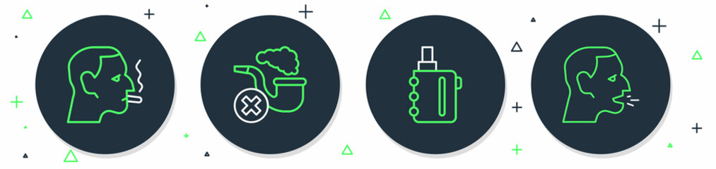 Set line Smoking pipe with smoke, Electronic cigarette, Man smoking and coughing icon. Vector