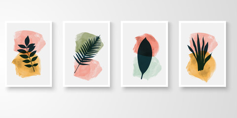 Set of wall art. Story of foliage watercolor art drawing with abstract organic shape composition. Leaf branch vector illustration.