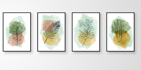 Fototapeta na wymiar Set of wall art. Story of foliage watercolor art drawing with abstract organic shape composition. Leaf branch vector illustration.