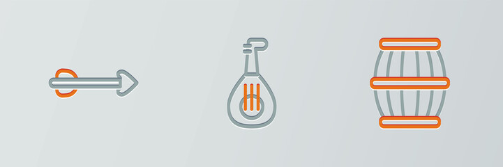 Set line Gun powder barrel, Arrow and Lute icon. Vector