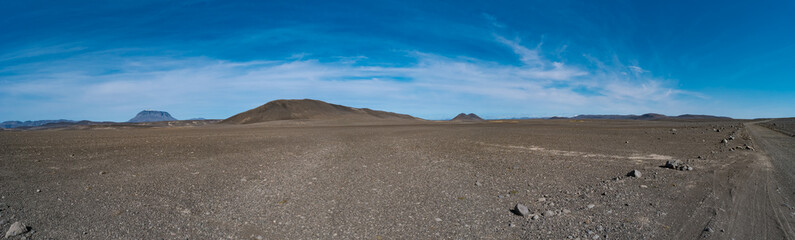 Panoramic view over Icelandic landscape near colorful volcanic caldera Askja, in the middle of volcanic desert in Highlands, blue sky, Iceland.