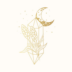 Celestial golden moon crystal and a flower. Hand drawn line vector illustration for witchcraft design.