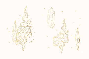 Golden celestial magic crystals. Hand drawn vector isolated set on white background for witchcraft, and tshirt print.