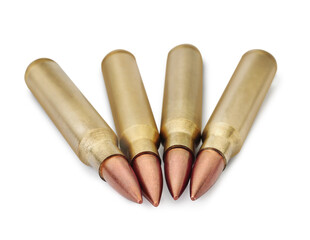 Many bullets on white background. Military ammunition